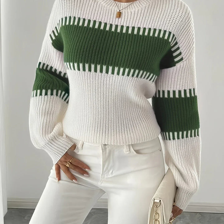 Dames trui | Gebreide sweater met strepen en ronde hals