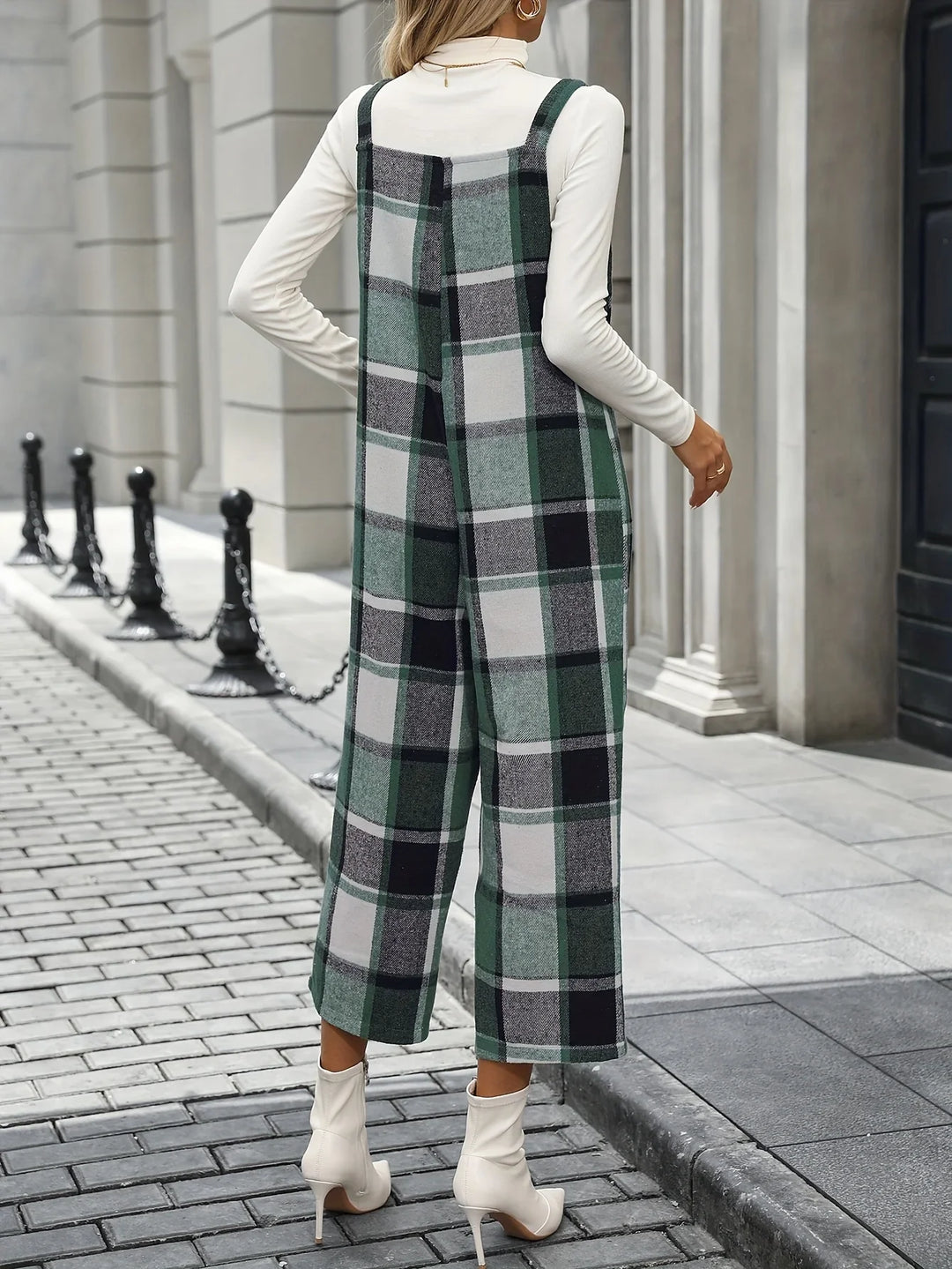 Dames jumpsuit | Ruit broekpak met square neck en wijde pijpen