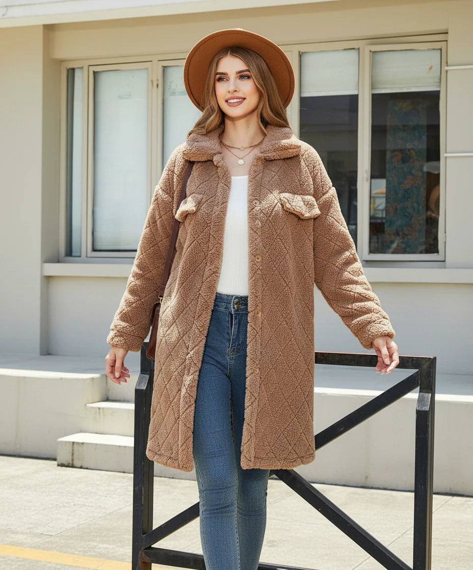 Lange Teddy Jas Dames – Zachte Fleece, Grote Kraag, Doorgestikt – Winterjas