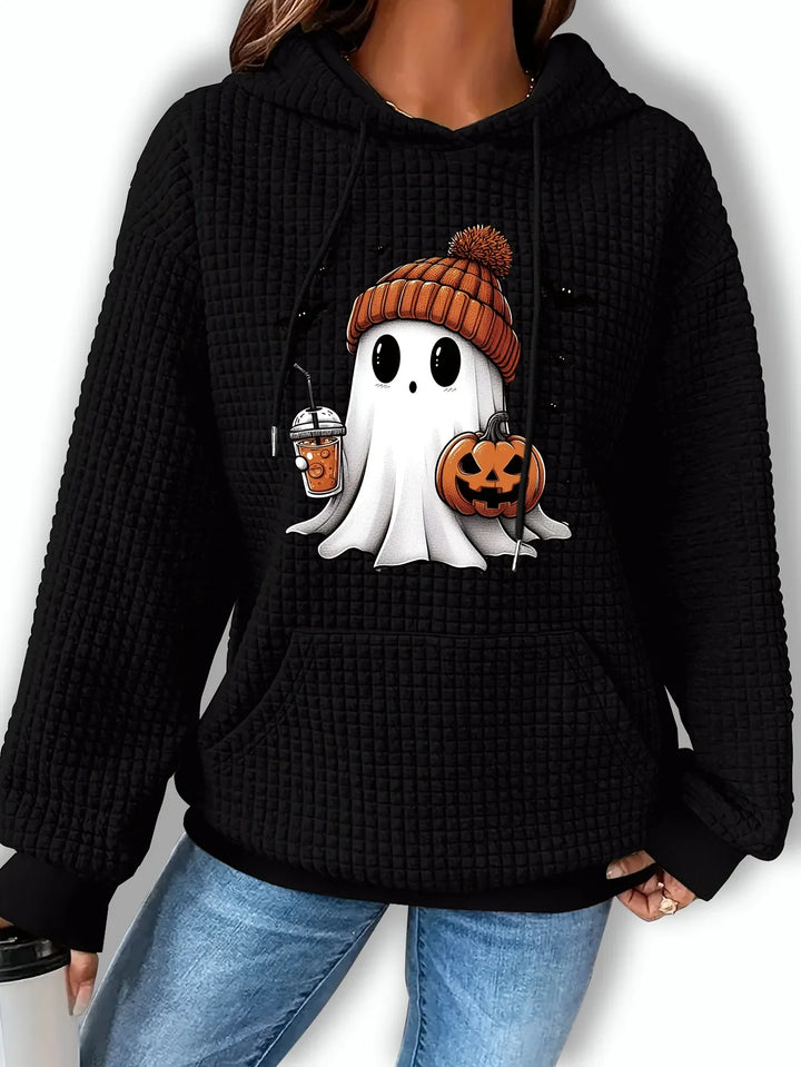 Dames hoodie | Halloween spook trui met capuchon en pompoenprint