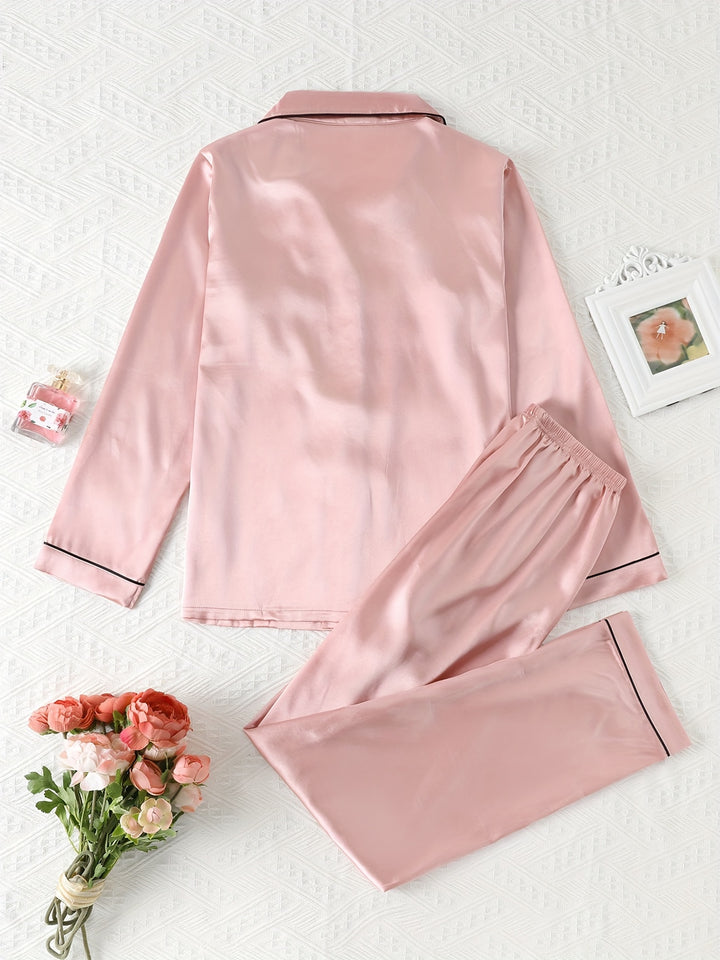 Dames pyjama set met satijnlook | Lange mouwen & knoopsluiting