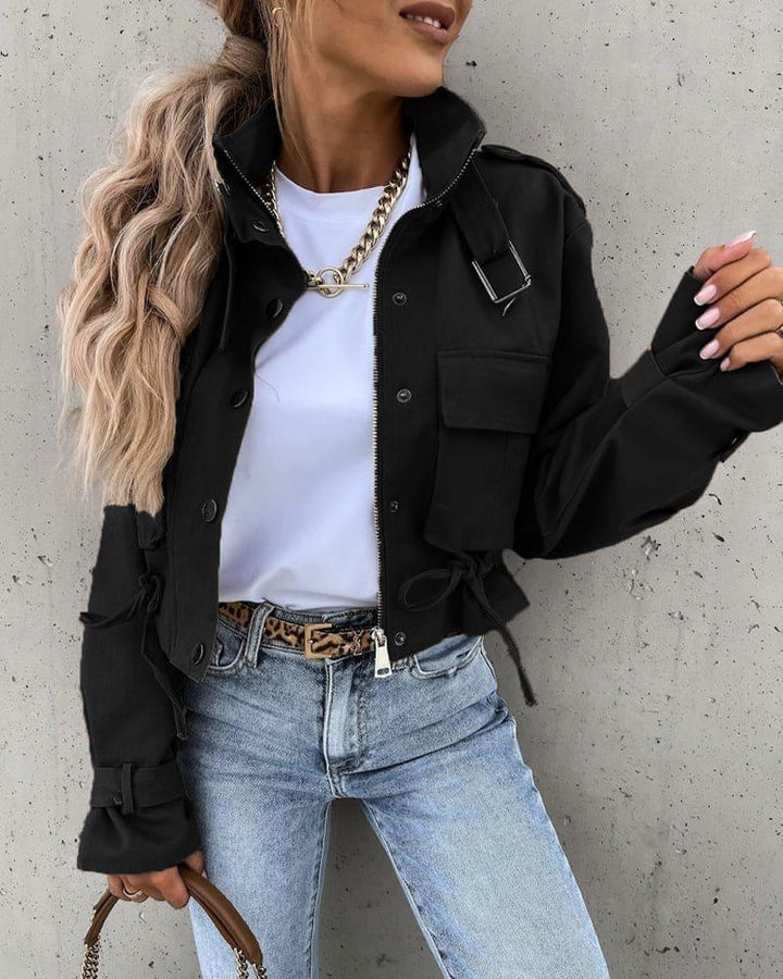 Dames jas | Winterjas met klepzakken en trekkoord in beige
