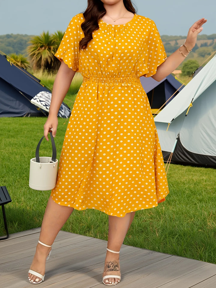 Dames jurk | Groene stippen jurk met elastische taille