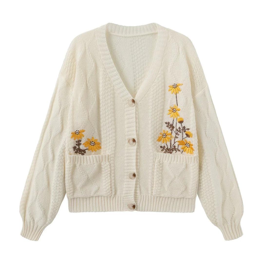 Dames vest | Gebreide trui met bloemenborduursel en knopen