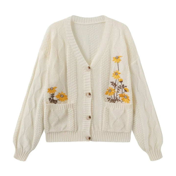 Dames vest | Gebreide trui met bloemenborduursel en knopen