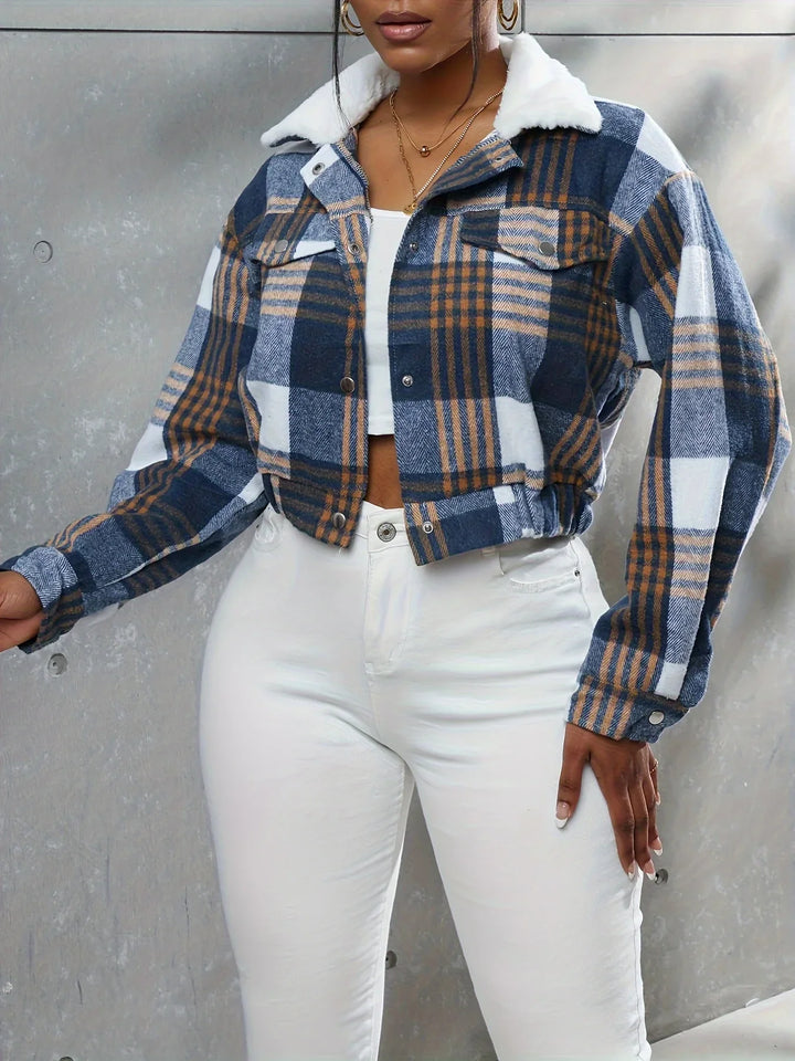 Dames bomberjack | Cropped ruit jas met kraag en knopen
