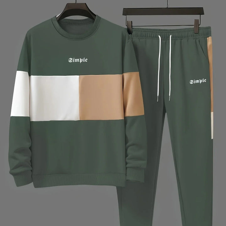 Heren trainingspak | Beige colorblock sweater met joggingbroek
