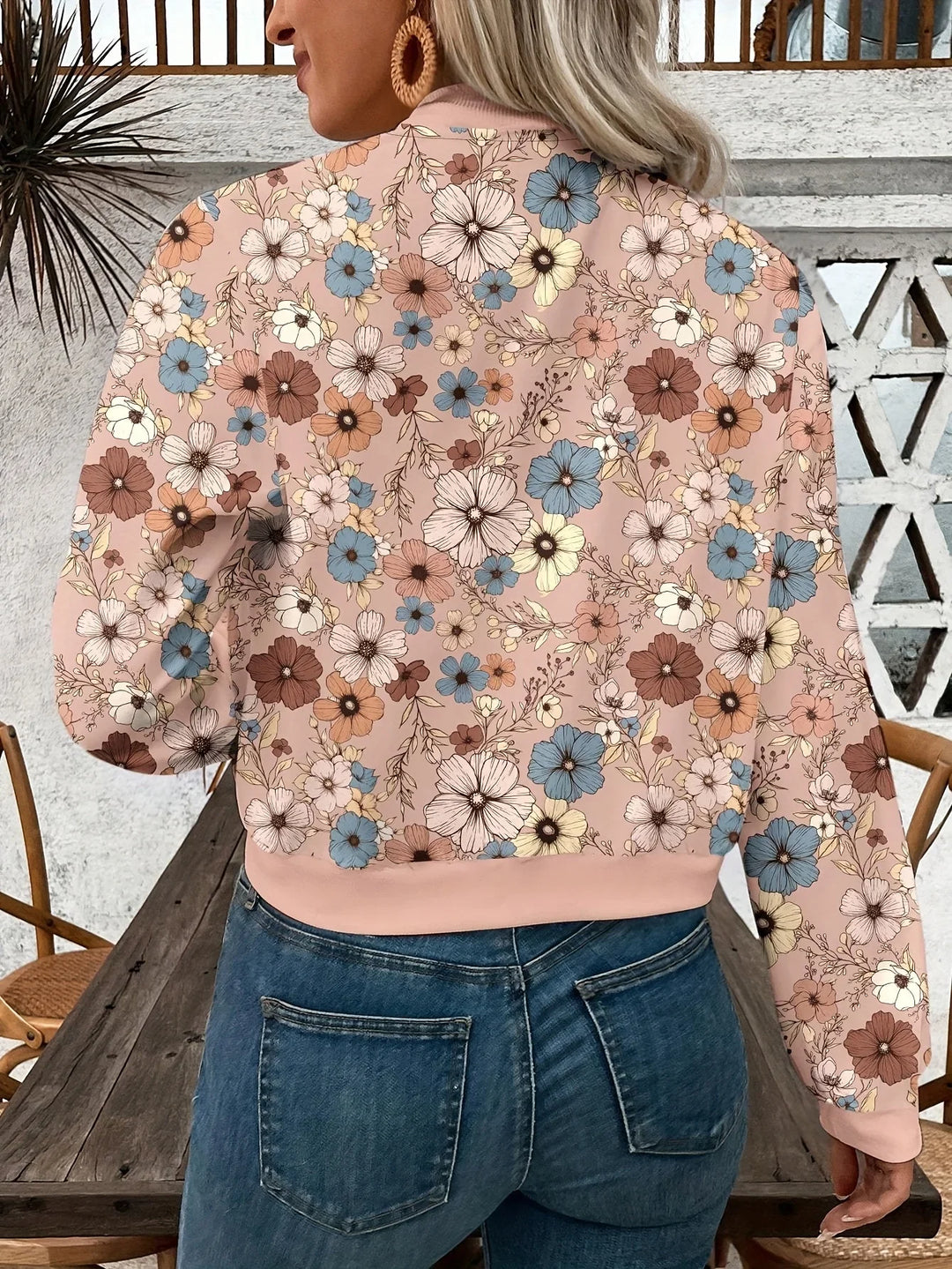 Dames bomberjack | Roze bloemen jas met rits en lange mouw