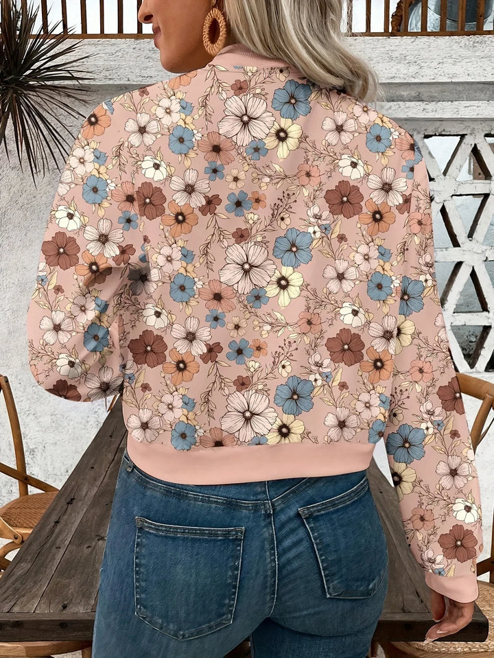 Dames bomberjack | Roze bloemen jas met rits en lange mouw