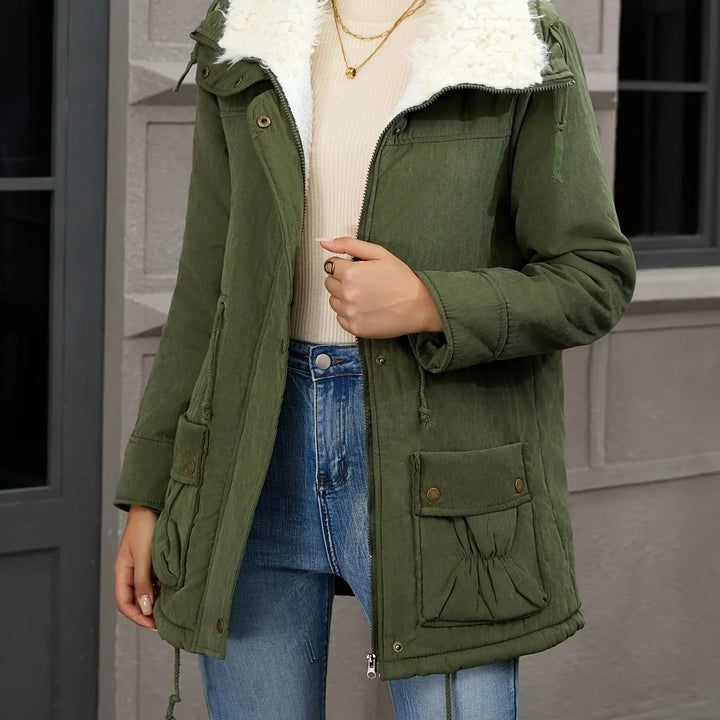 Dames parka jas | Donkergroene winterjas met fleece voering en zakken