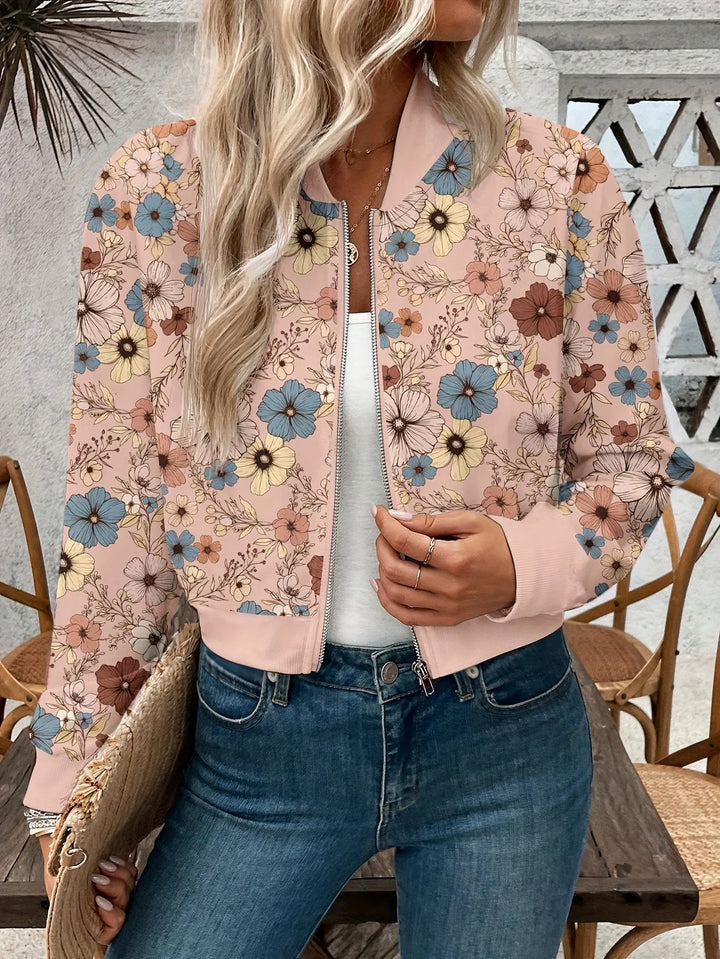 Dames bomberjack | Roze bloemen jas met rits en lange mouw