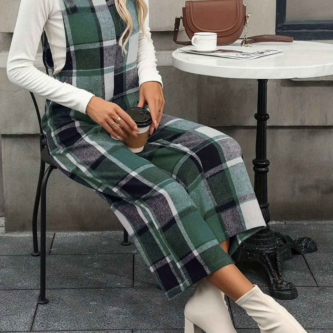 Dames jumpsuit | Ruit broekpak met square neck en wijde pijpen