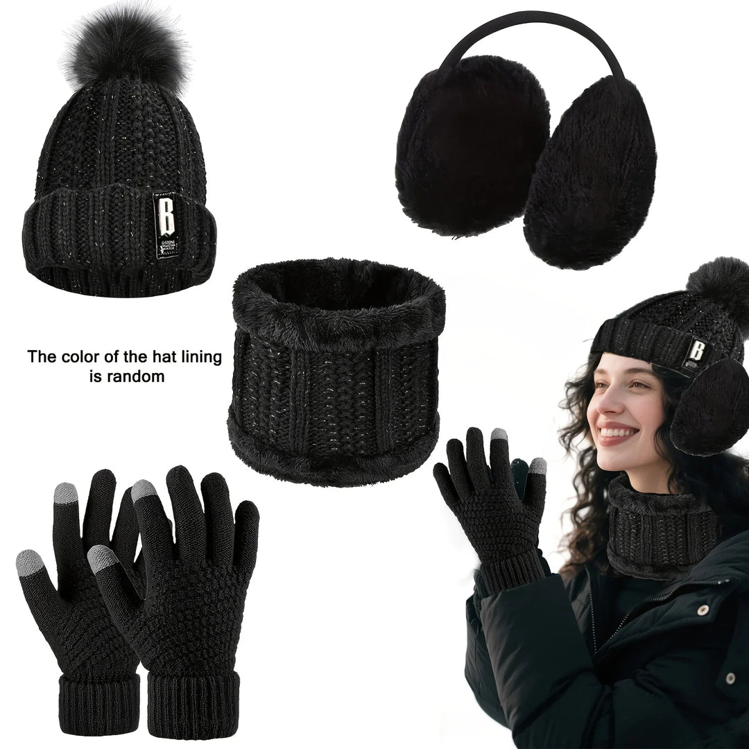 Winter accessoires dames | Gebreide muts met pompon, handschoenen, nekwarmer en oorwarmers set