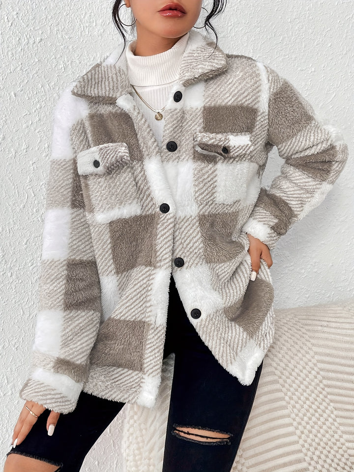Dames geruite teddy jas | Warme tussenjas met knoopsluiting en borstzakken