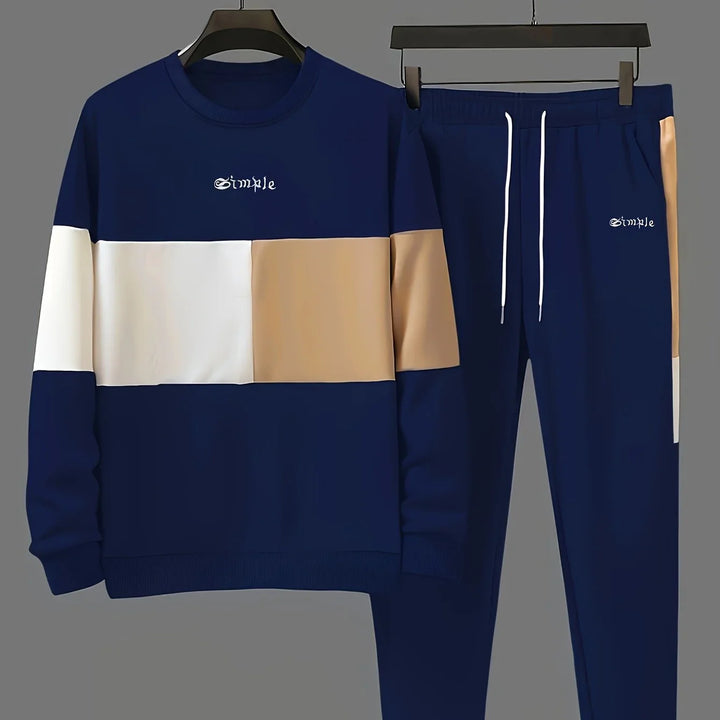 Heren trainingspak | Beige colorblock sweater met joggingbroek