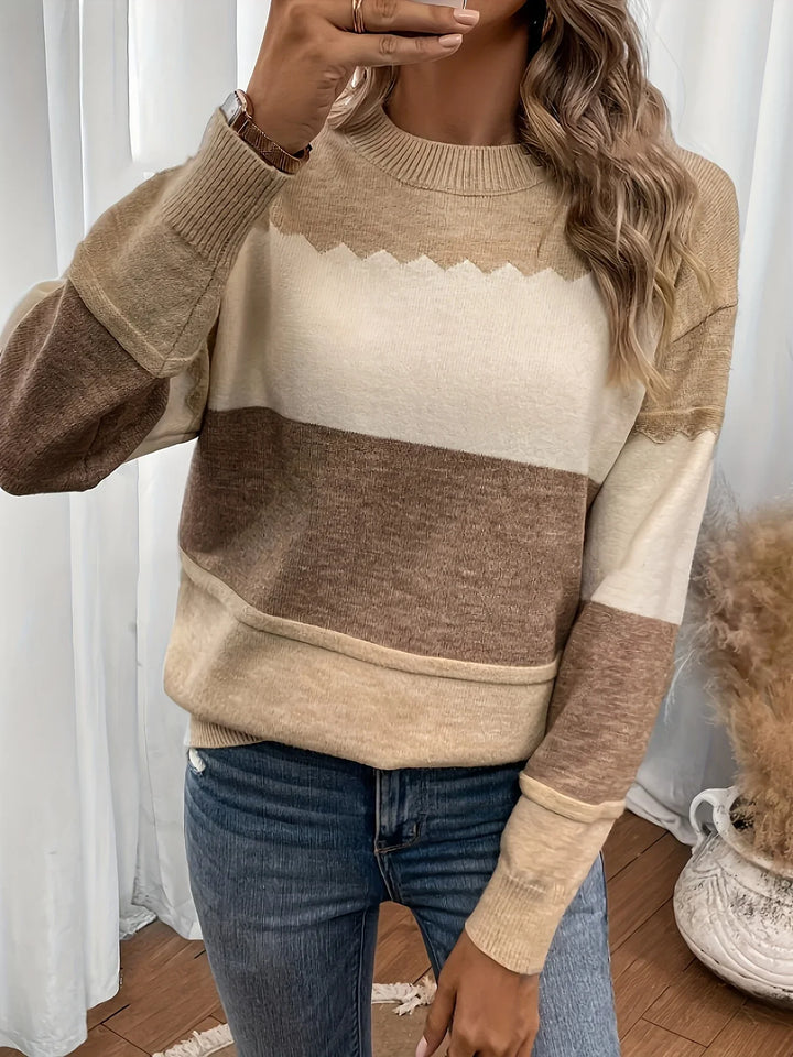 Dames trui | Beige colorblock sweater met ronde hals