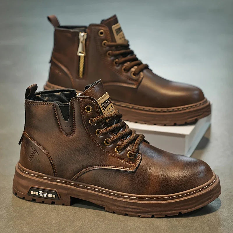 Heren boots | Bruine veterlaarzen met rits en dikke zool