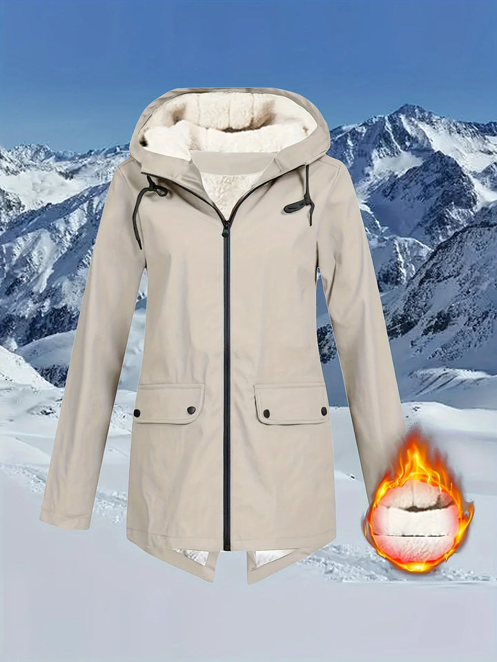 Dames winterjas | Beige windbreaker met capuchon en teddyvoering