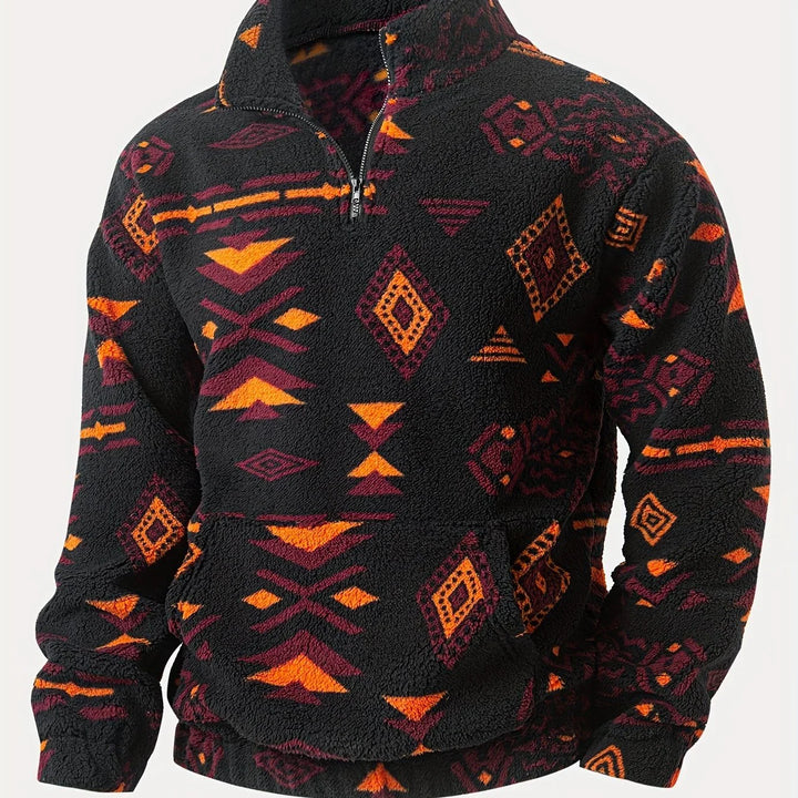 Heren fleece trui | Half zip bohemian sweater met geometrisch patroon