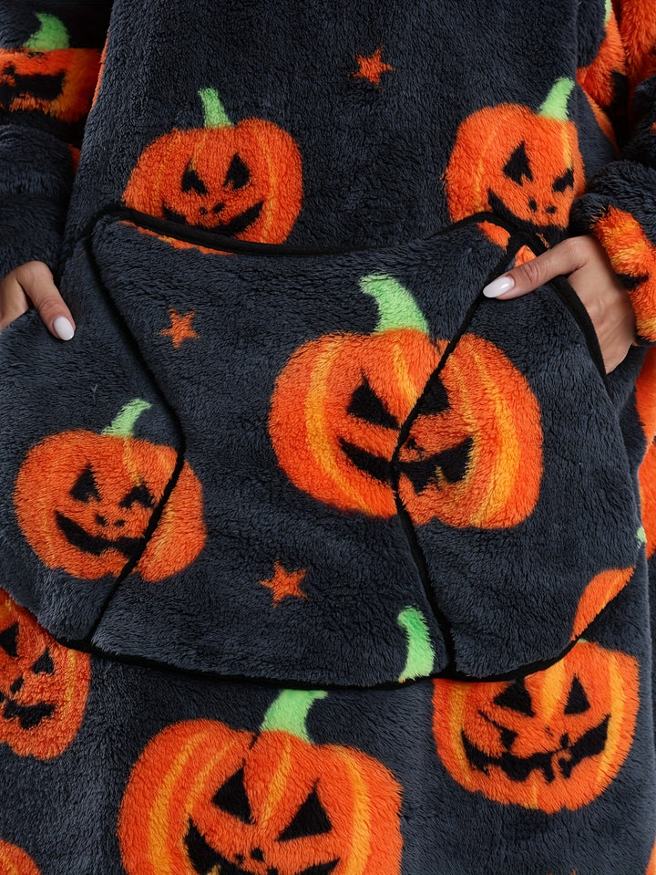 Oversized hoodie deken | Fleece trui met halloween pompoen print