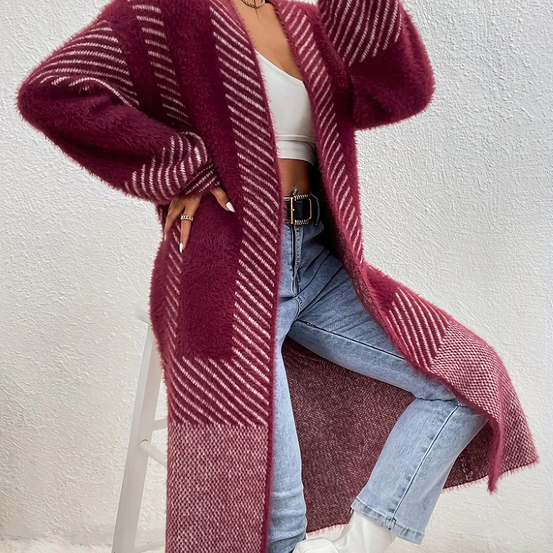 Dames vest | Lang zwart wit gebreide trui openvallend