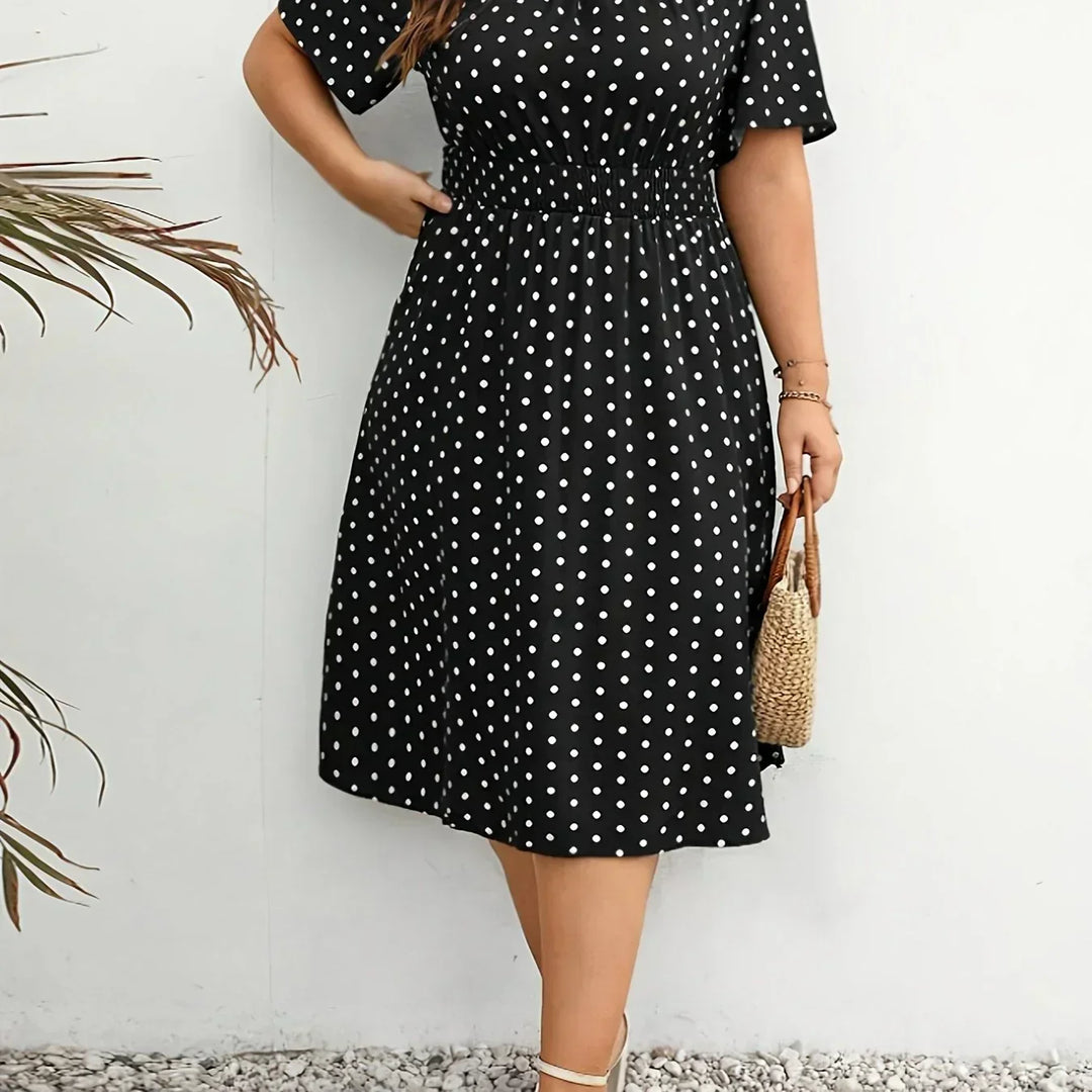 Dames jurk | Groene stippen jurk met elastische taille