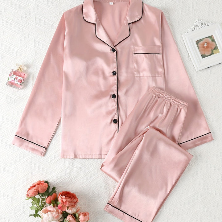 Dames pyjama set met satijnlook | Lange mouwen & knoopsluiting