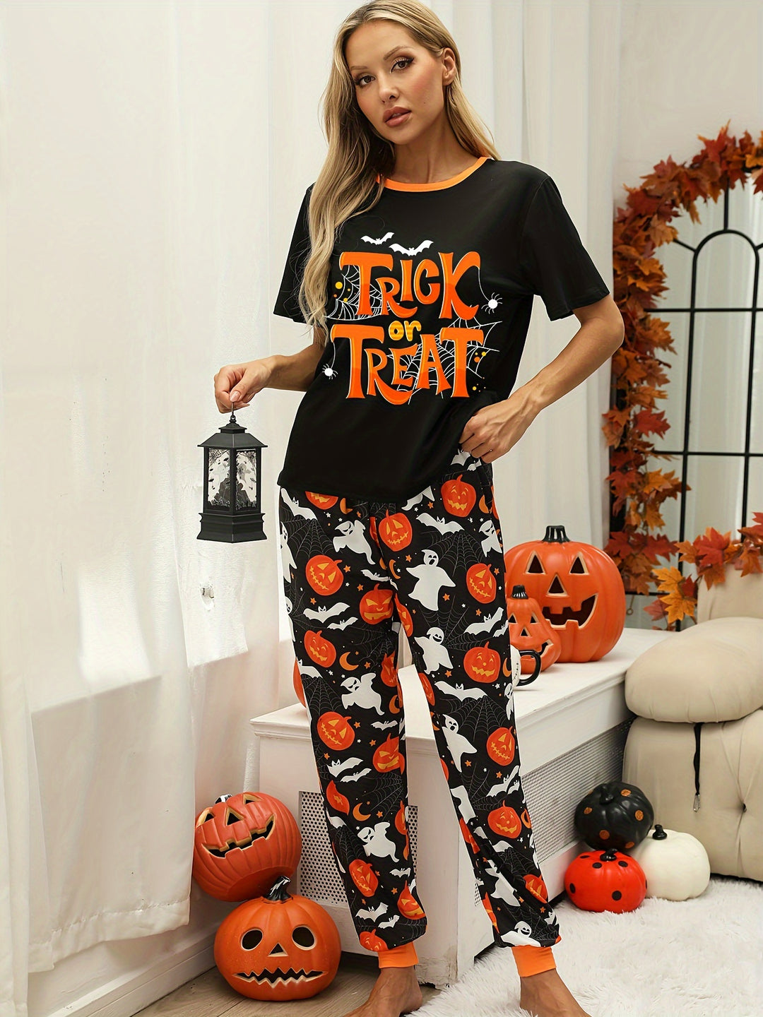 Halloween dames pyjama set | Comfortabele pyjama met pompoen & spook print