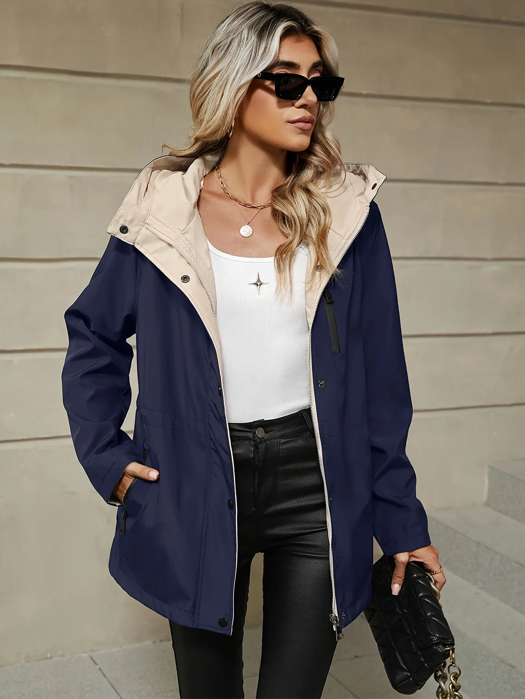 Dames jas | Reversible windbreaker met capuchon en trekkoord