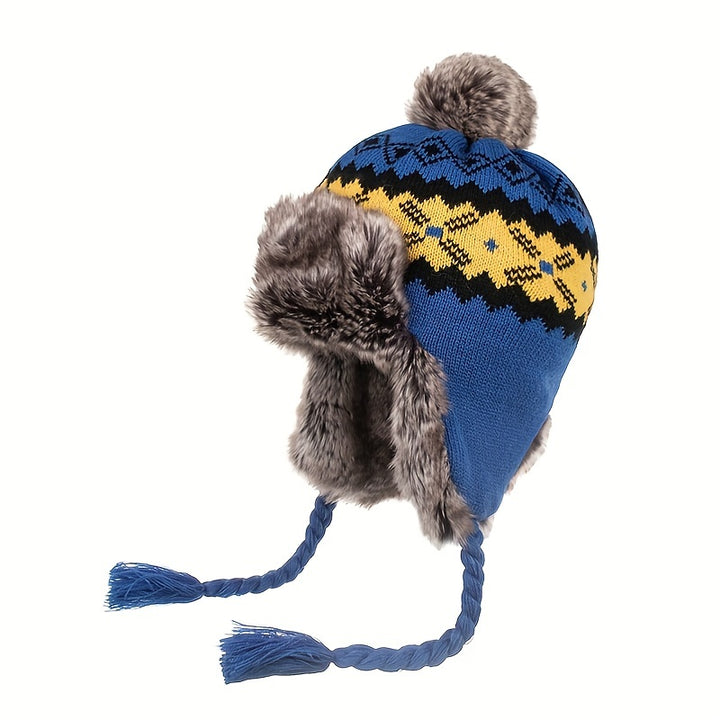 Noorse gebreide wintermuts | Met oorflap, pompon en warme fleece voering