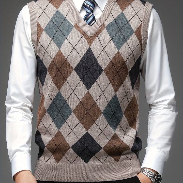 Heren pullover | Argyle gebreide trui zonder mouwen v-hals