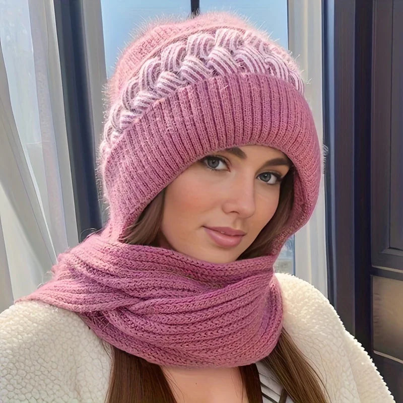 Wintermuts dames | Gebreide muts met geïntegreerde sjaal tegen kou
