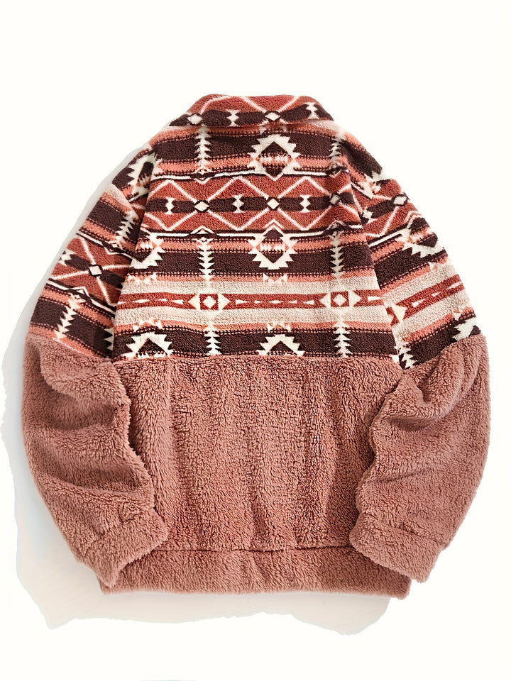 Dames sweater | Teddy fleece trui met halve rits en aztec print