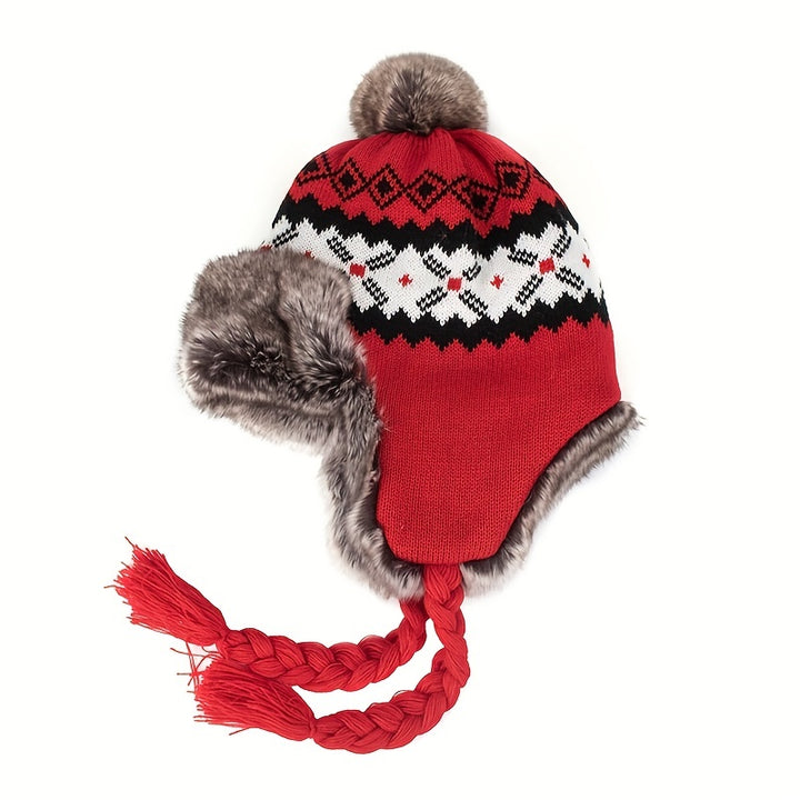 Noorse gebreide wintermuts | Met oorflap, pompon en warme fleece voering