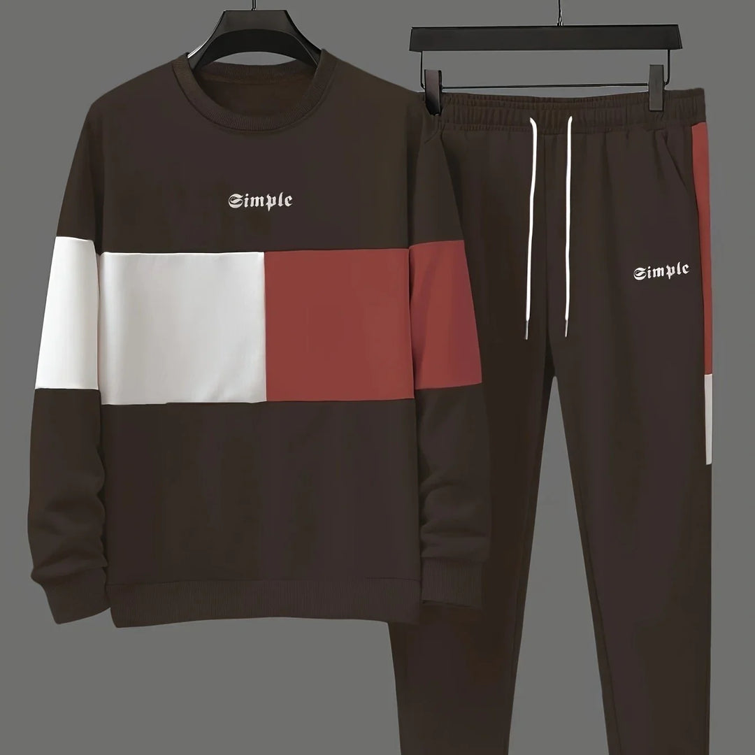 Heren trainingspak | Beige colorblock sweater met joggingbroek