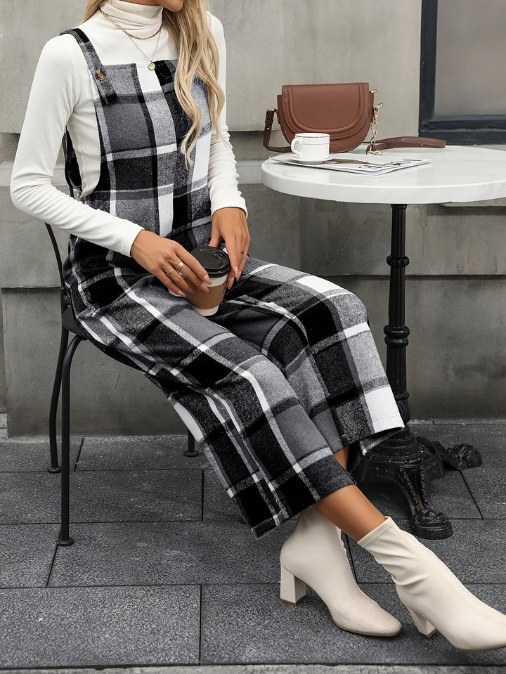Dames jumpsuit | Ruit broekpak met square neck en wijde pijpen