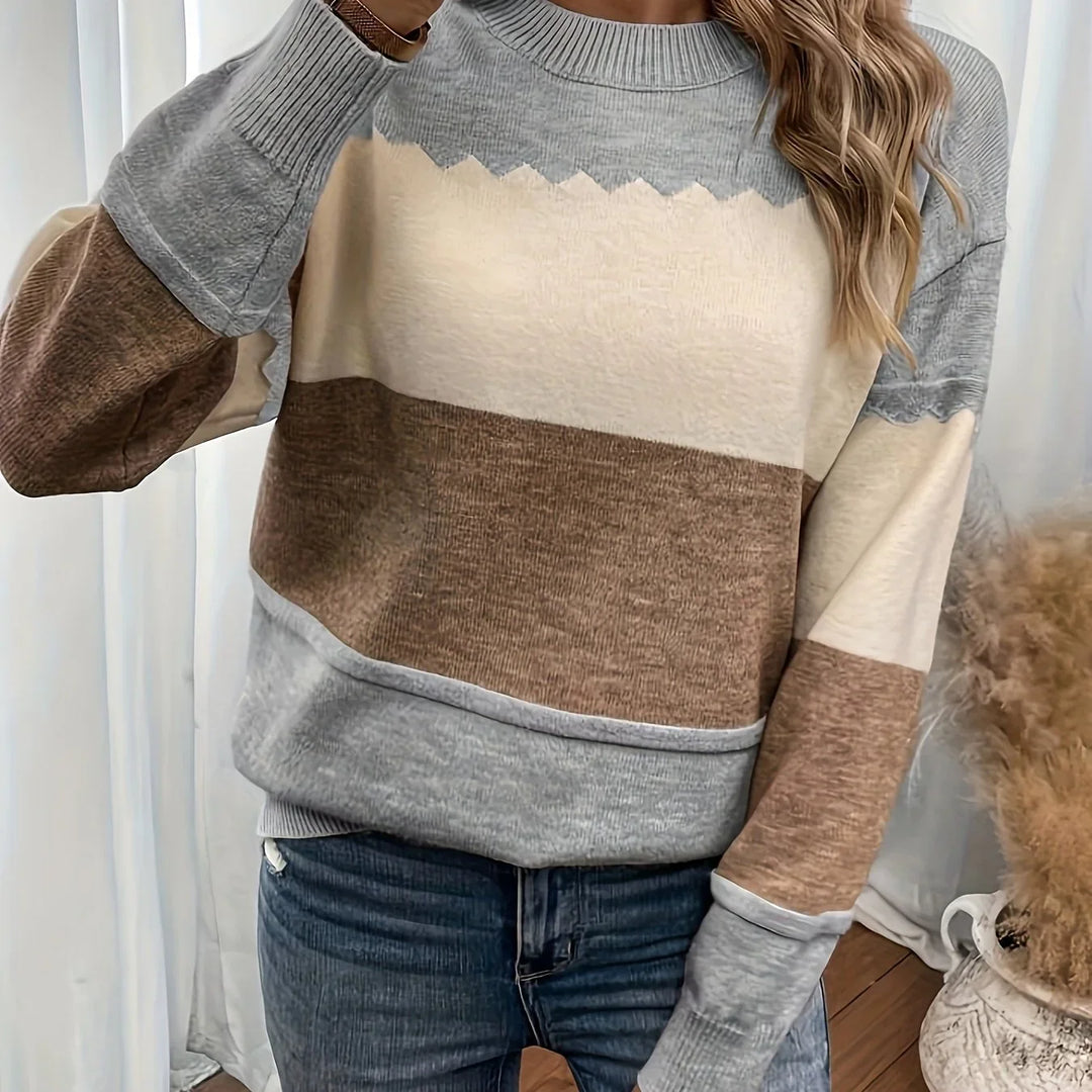 Dames trui | Beige colorblock sweater met ronde hals