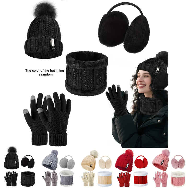Winter accessoires dames | Gebreide muts met pompon, handschoenen, nekwarmer en oorwarmers set