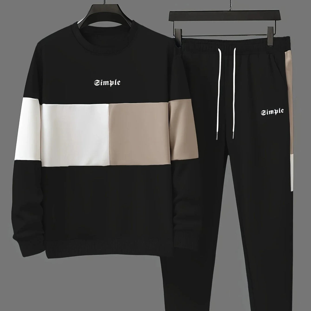 Heren trainingspak | Beige colorblock sweater met joggingbroek