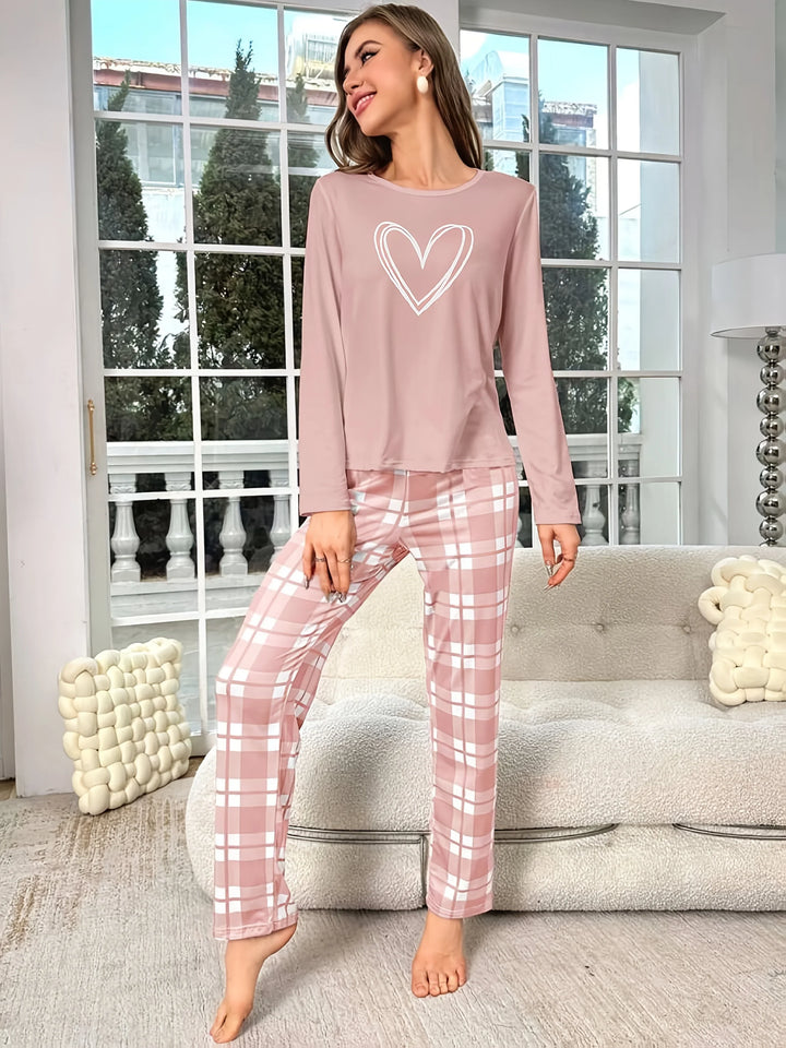 Dames pyjama set met hartprint en geruite broek | Lange mouwen
