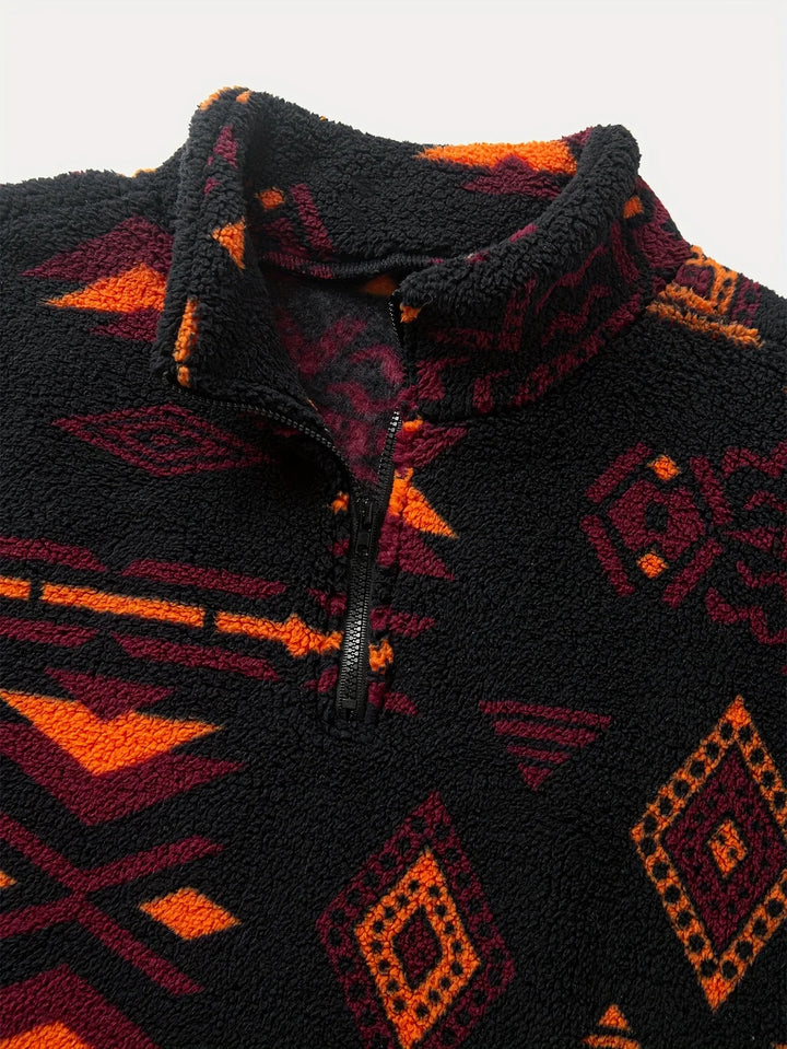 Heren fleece trui | Half zip bohemian sweater met geometrisch patroon