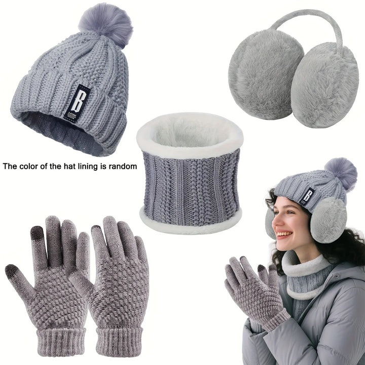 Winter accessoires dames | Gebreide muts met pompon, handschoenen, nekwarmer en oorwarmers set