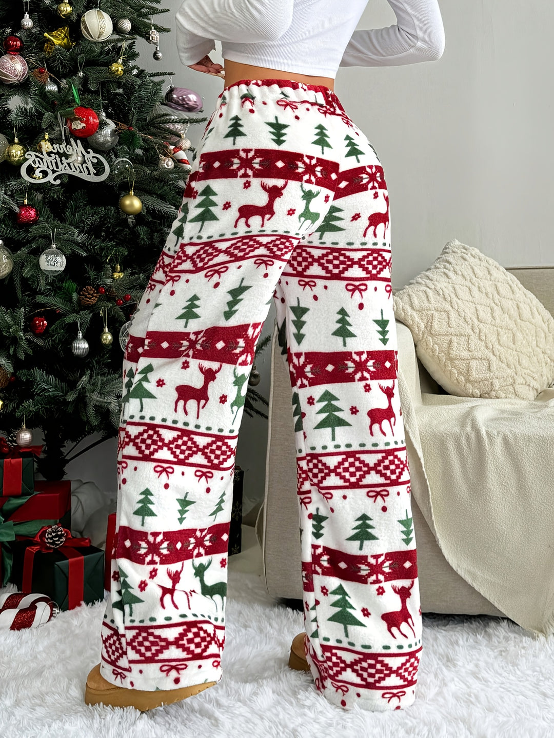 Kerst lounge broek dames | Pluche pyjama broek met rendieren