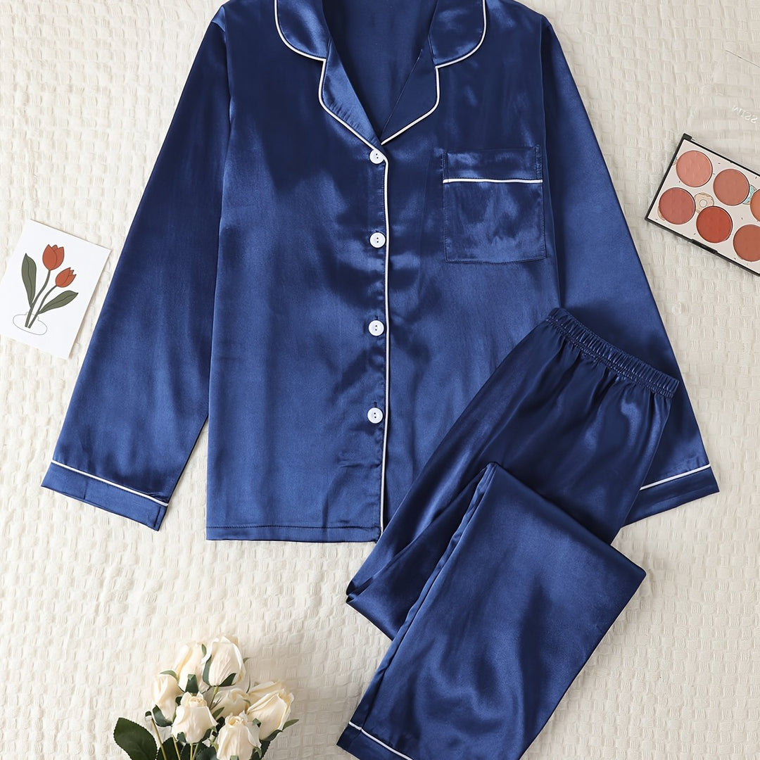 Dames pyjama set met satijnlook | Lange mouwen & knoopsluiting