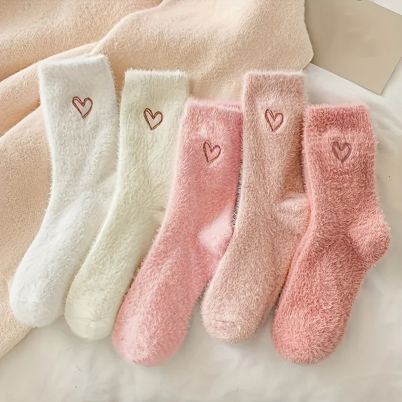 Warme dames sokken | Fluffy sokken met hartjes, 5-pack
