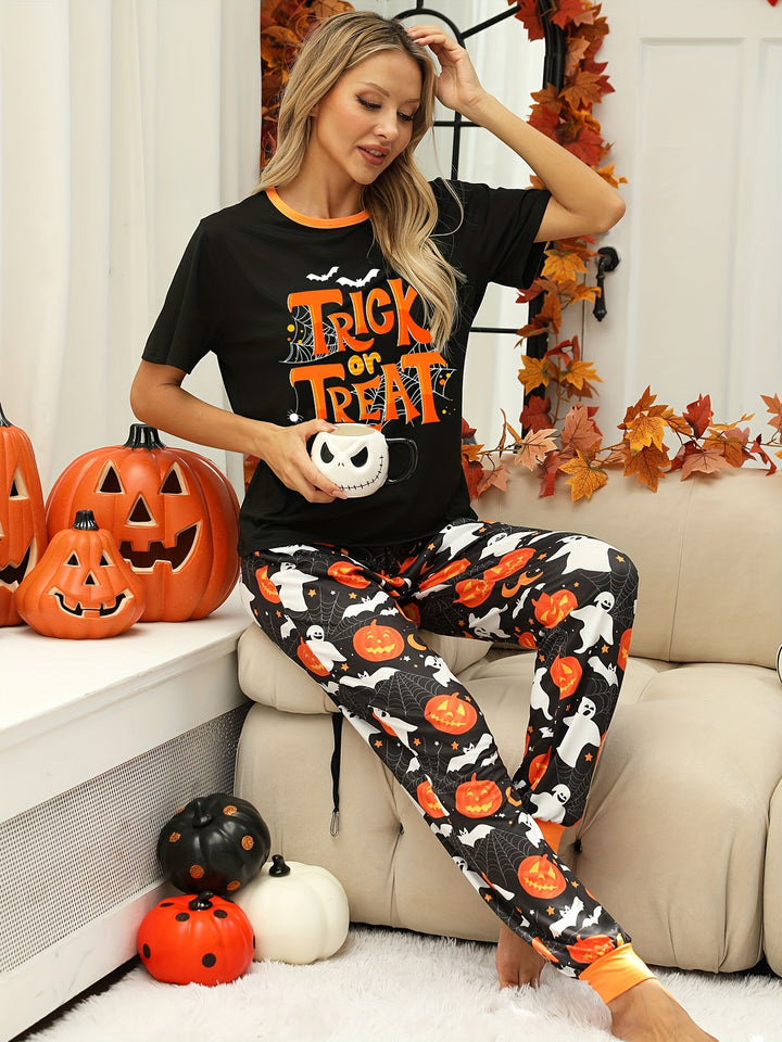 Halloween dames pyjama set | Comfortabele pyjama met pompoen & spook print