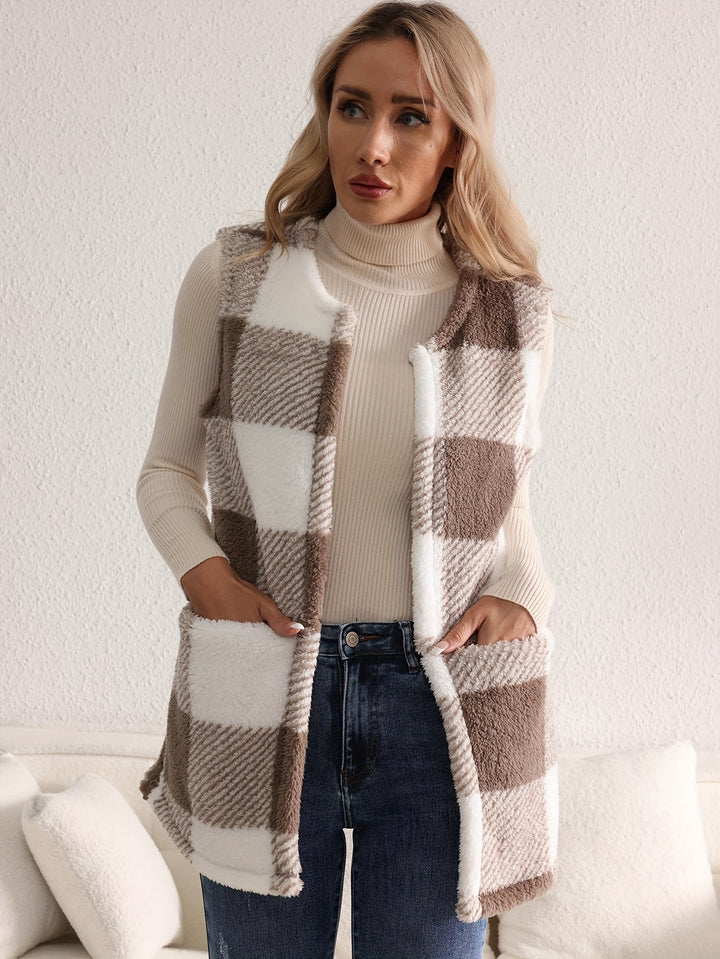 Geruit fleece vest met knopen en zakken