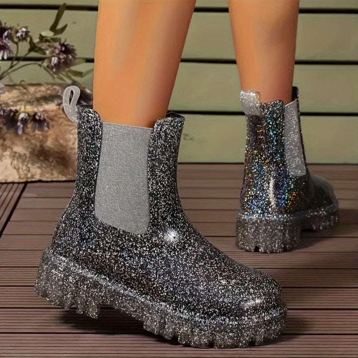 Dames enkellaarsjes | Glitter regenlaarzen met plateauzool