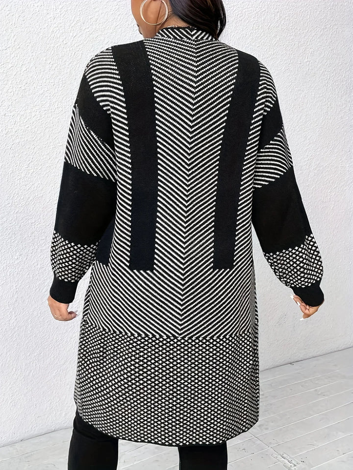 Dames vest | Lang zwart wit gebreide trui openvallend