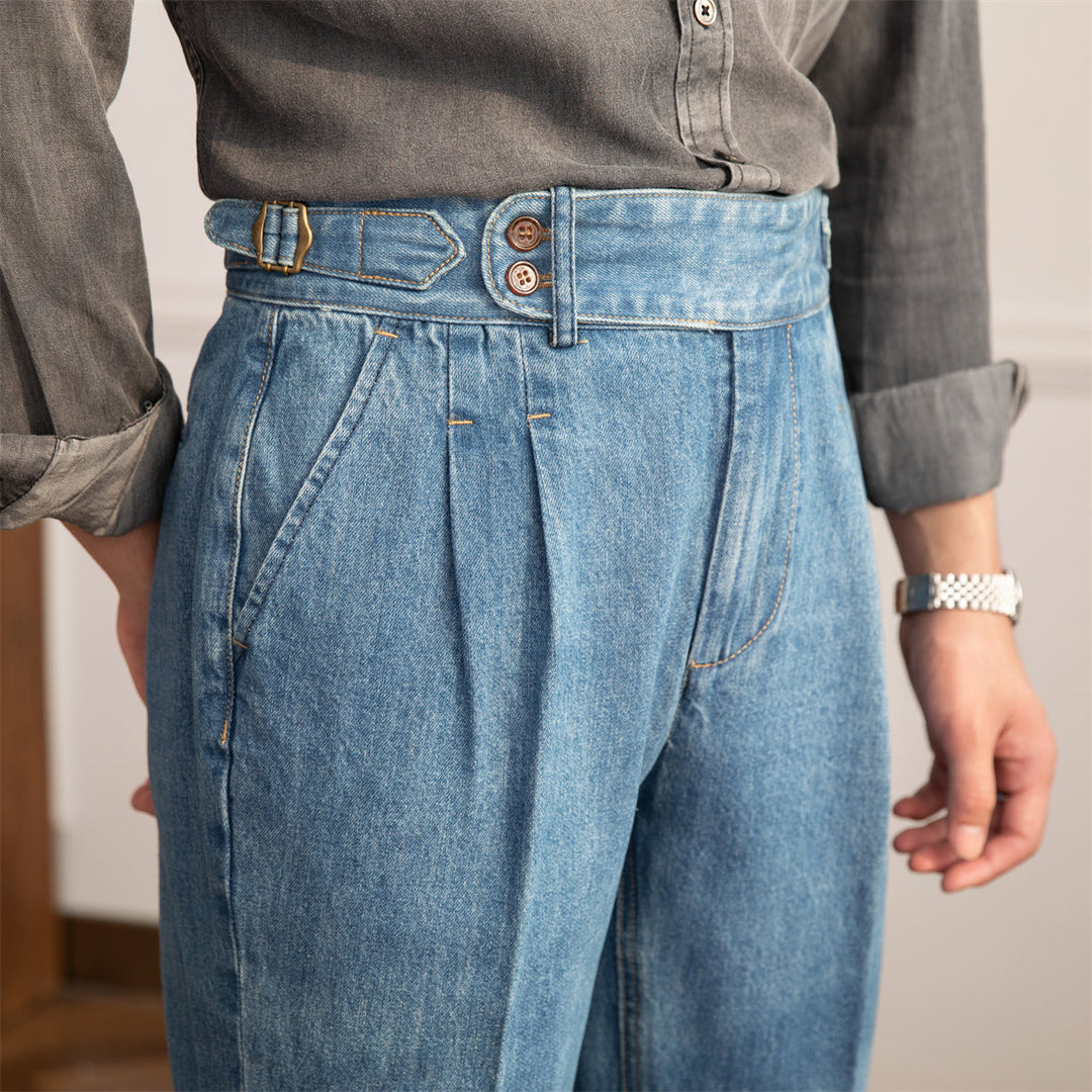 Vintage Denim Broek | Heren geplooide straight fit jeans